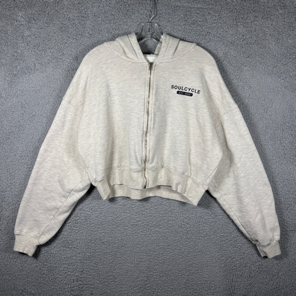 SoulCycle Womens Cropped Zip Up Hoodie Oatmeal Beige Cotton Fleece Logo M USA